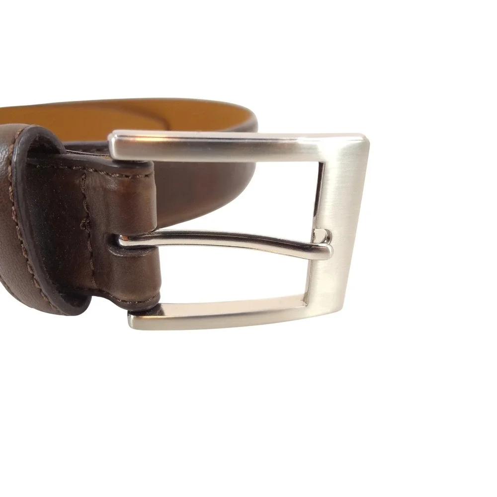 Leather Dress Belt Mens 34 Dark Brown Excellent Brushed Silver Buckle Classic